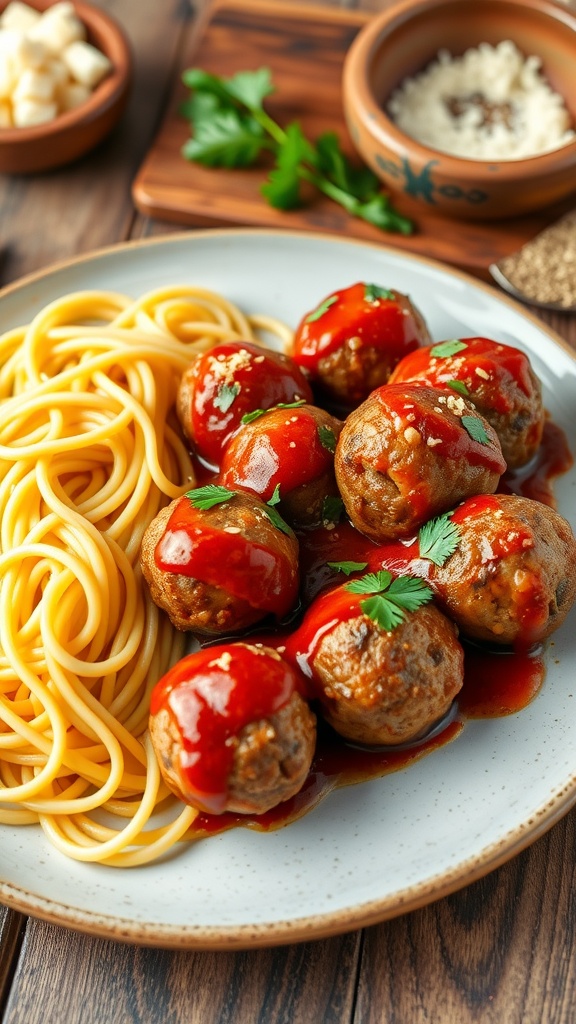 Deliciously cooked pork meatballs in marinara sauce served with spaghetti and garnished with parsley.